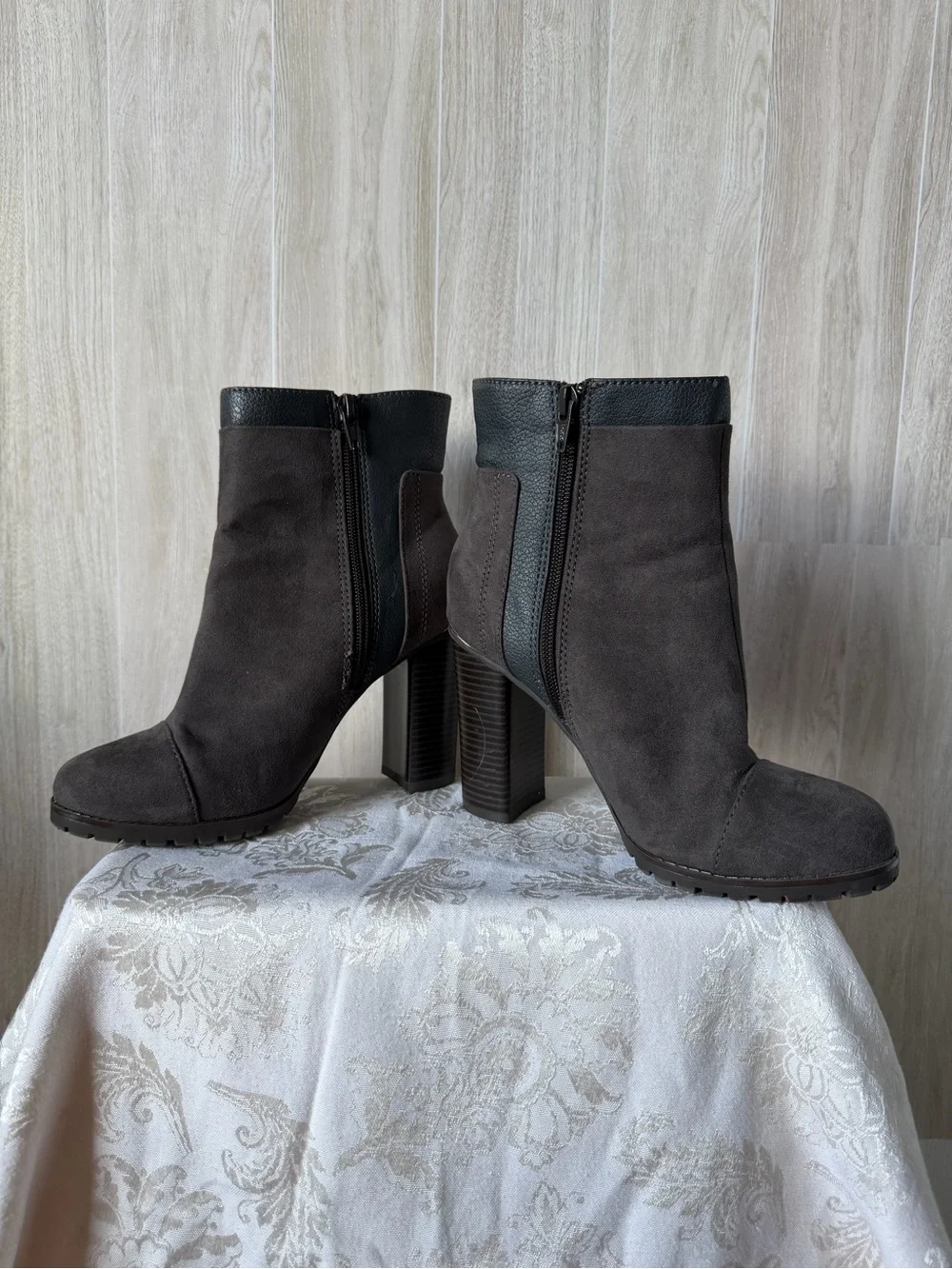 Juicy Couture Charcoal Suede Block Heel Ankle Boots with Black Cuff